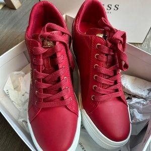 Guess Womens Leather Low Top Lace Up Fashion Sneakers Red